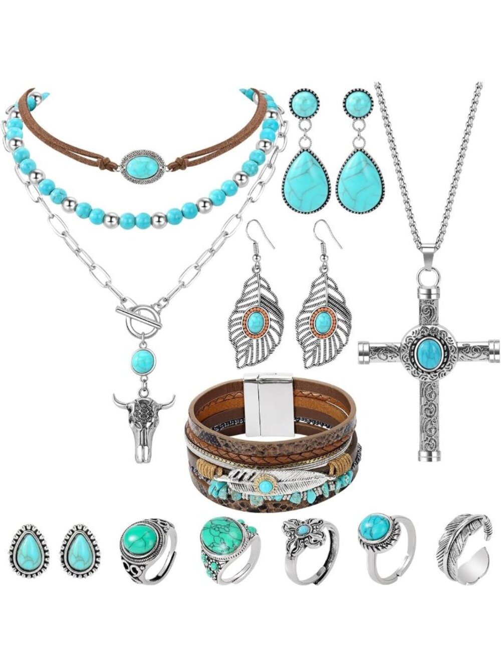 Boho Turquoise Jewelry Set for Women - Necklace, Earrings, Bracelet & Rings